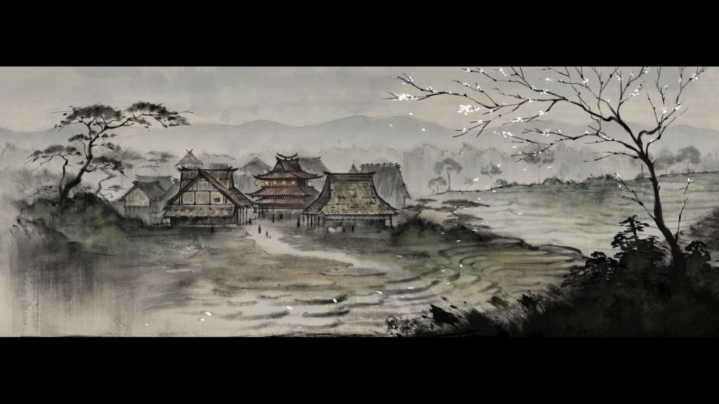 A detailed piece of artwork showing a village called Saka Village in the Tale of Ronin game.