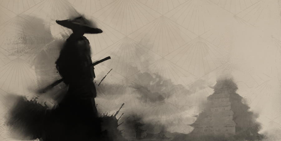 A stylized artwork showing an inky silhouette of a ronin samurai.