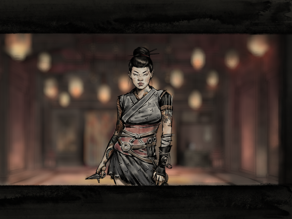 Stylized artwork of a woman with tattooed arms, wearing different bands around her waist and arms which hold various weapons. The background is blurred allowing the character to stand out.