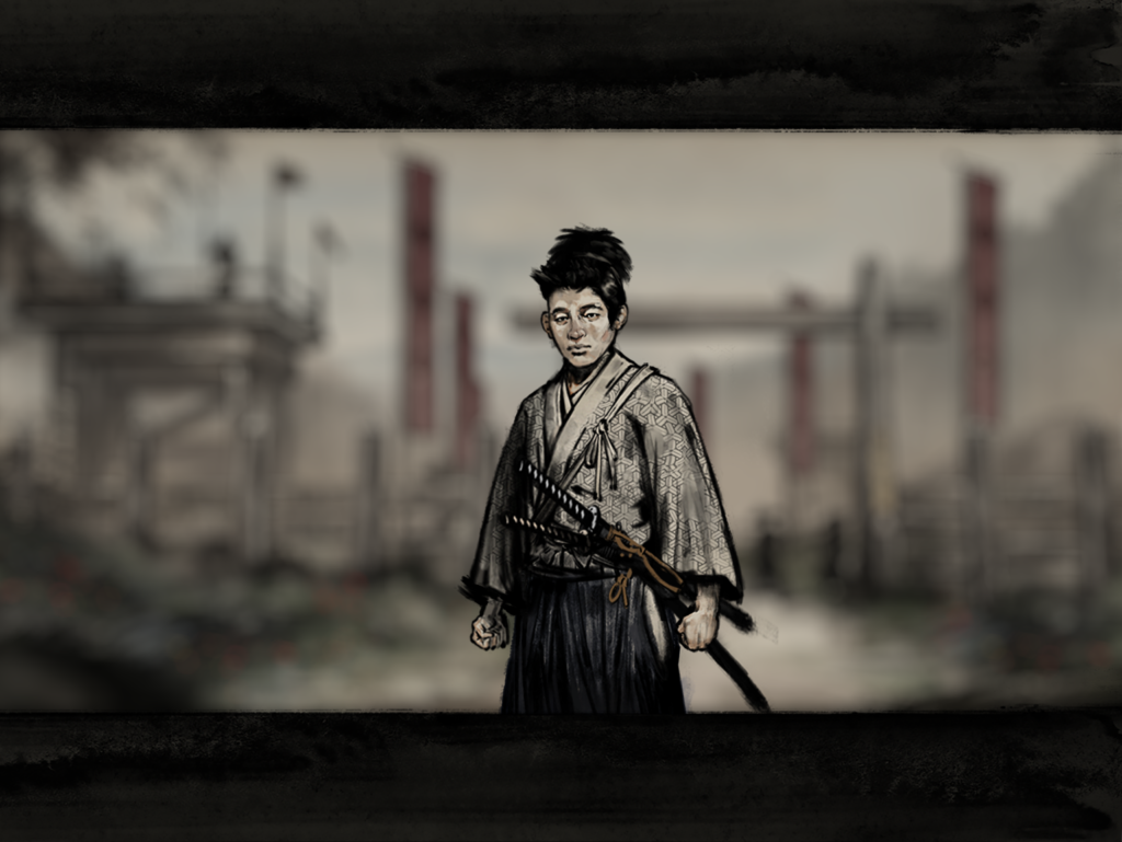 Stylized artwork of a young ronin character with clenched fists and a sheathed katana. The background is blurred, leaving the young ronin in focus.