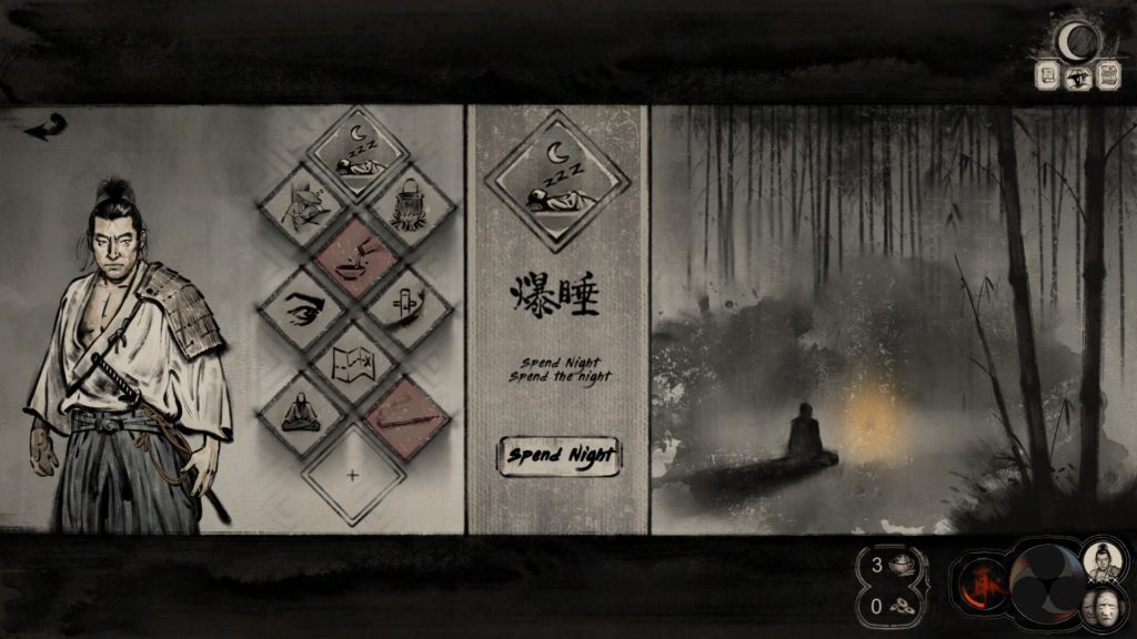 A screenshot of the camping menu in the Tale of Ronin game. A samurai stands at the left of the screen with nine options available to choose from, each with a unique symbol. To the right, a stylized artwork of a campfire is seen. At the bottom of the screen, there are statistics, and an area showing food and money.