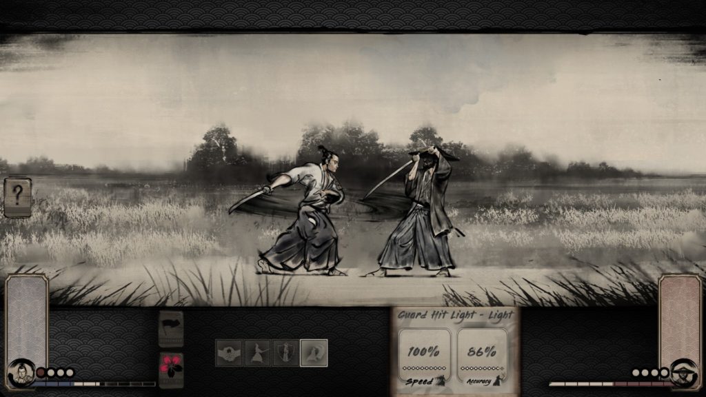 Two samurai face each other in combat stances, each holding a katana. Buttons for skills, attacks, and other icons are at the bottom of the screen.
