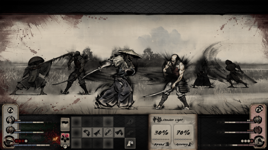 Multiple samurai face off in pairs on the screen, with one pair highlighted in the middle. Buttons for attacks, skills, and other combat elements are on the bottom of the screen.