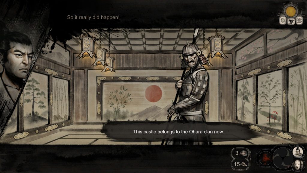 A samurai stands in armor with a spear, the interior of a Japanese castle shown behind him with painted artwork and hanging lanterns. A dialog box below the samurai says 