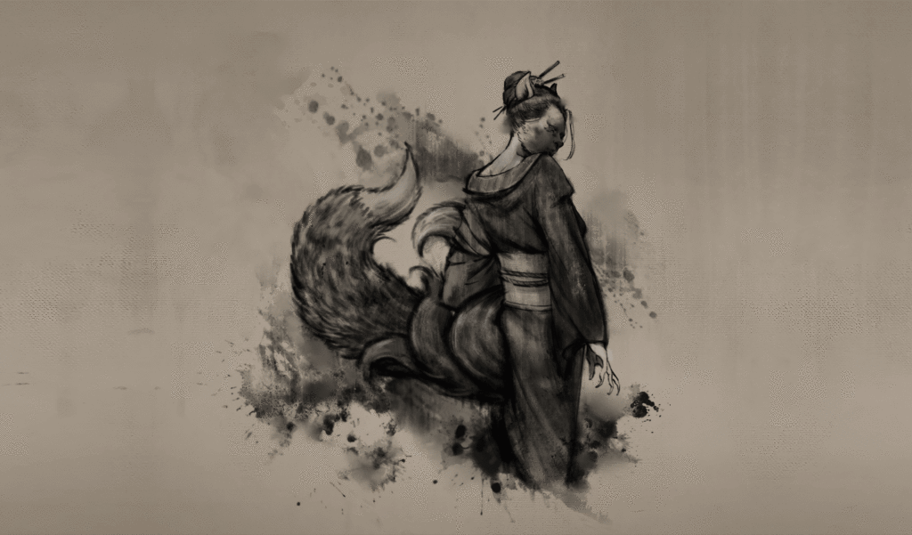 A stylized black painting of a Japanese woman resembling a fox, with ears and a tail. This is a piece of concept art of a kitsune made for the Tale of Ronin game.