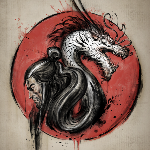 A stylized icon of art showing a samurai and a dragon over a red circular sun.