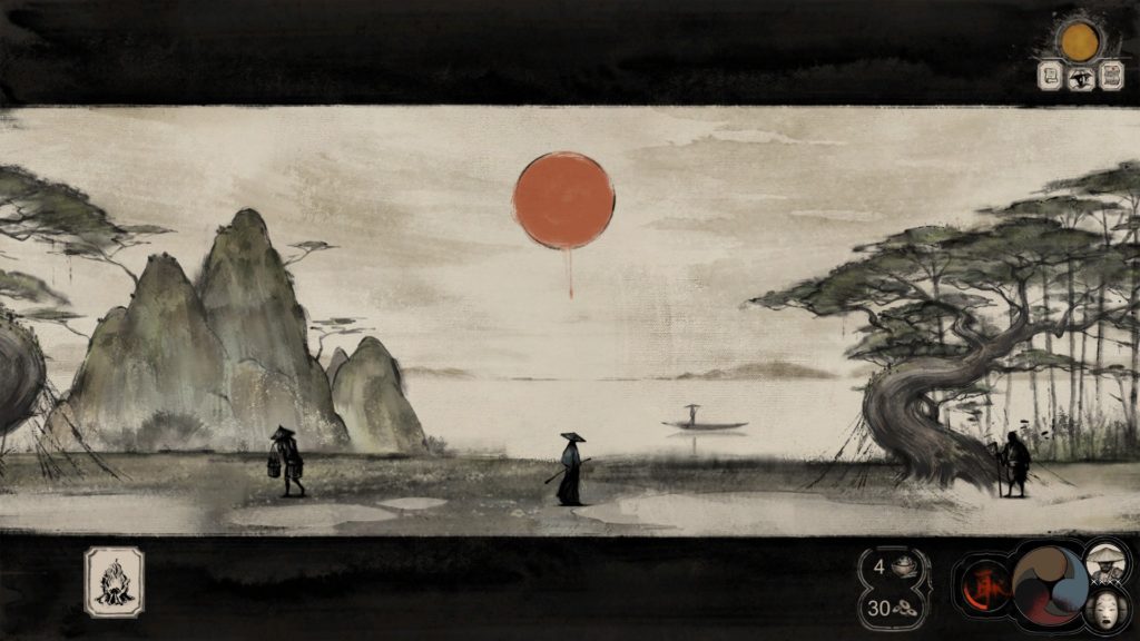 A screenshot of a landscape scene in the style of Japanese art. A red circle sun hangs in the sky, while silhouetted people move along a pathway with trees that overlooks the ocean.