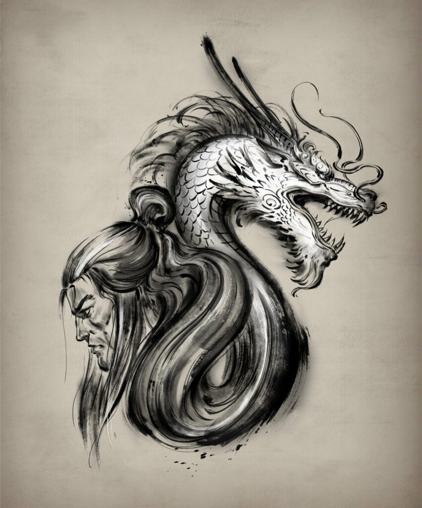A painted black and white artwork on a beige background. A samurai side profile has long black hair that sweeps upwards into the image of a Japanese-styled dragon.