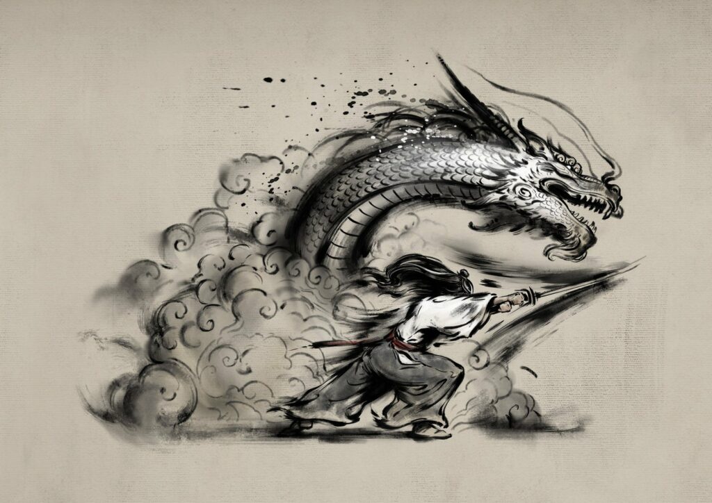 A piece of concept artwork for Tale of Ronin shows a samurai stabbing forward with a katana. The image of a dragon's head and neck above him comes out from a cloud or mist.