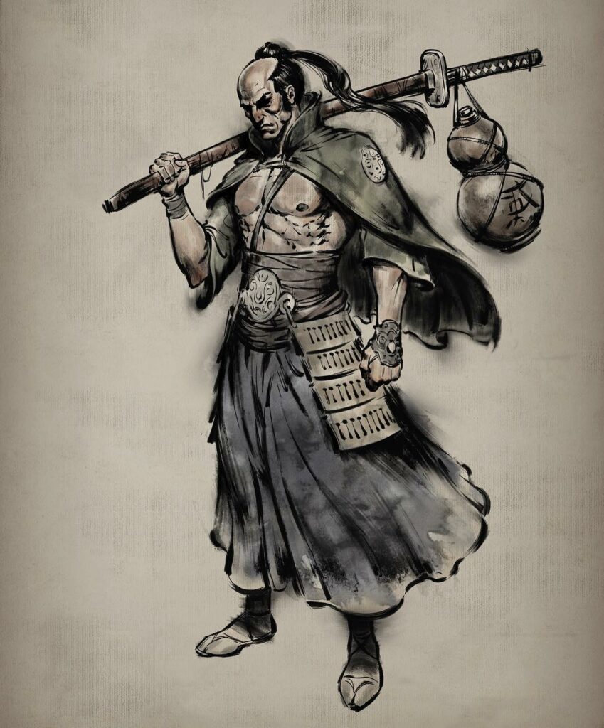 Artwork of a samurai holding a sheathed katana over his shoulder. A container hangs from his katana.