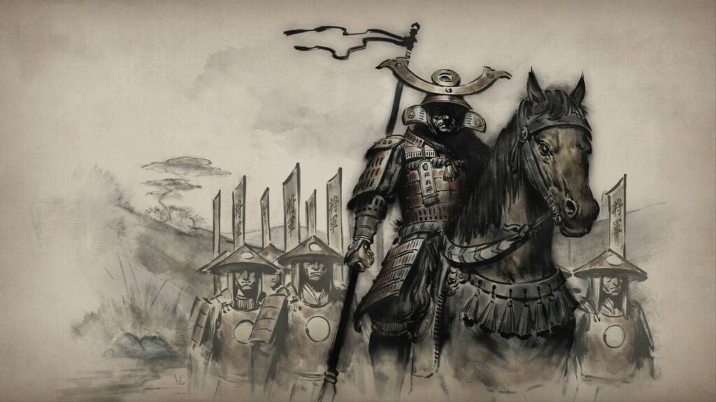 A piece of concept artwork for Tale of Ronin showing a samurai in full armor on top of a horse. Several soldiers stand with flags behind the samurai following him.