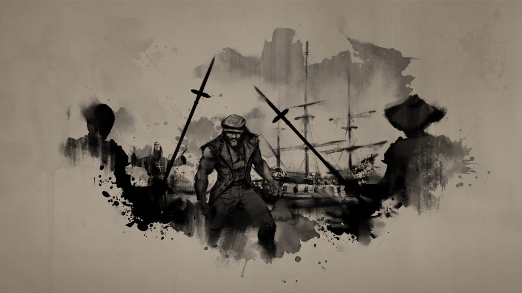 A piece of artwork showing a disheveled man in a vest and hat in a shipyard. The entire scene is made to fit within an ink-blotch, and is in black and white shades.