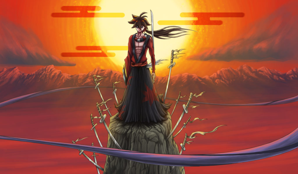 An anime character stands on a tall rock which has many katana sticking out of it.
