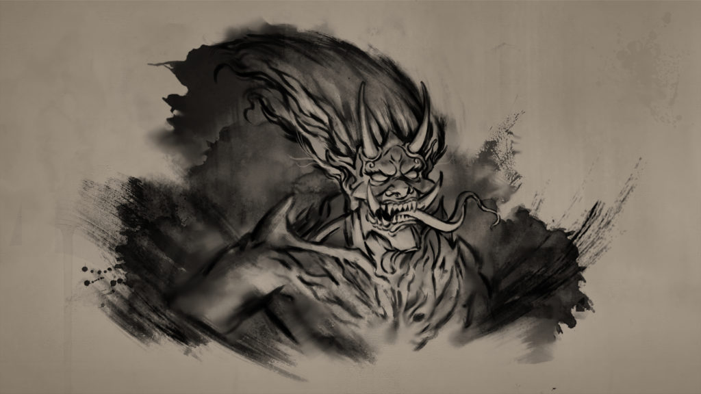 An ink-blot stylized image of an Oni, or Japanese demon, standing with horns and angular physical features.