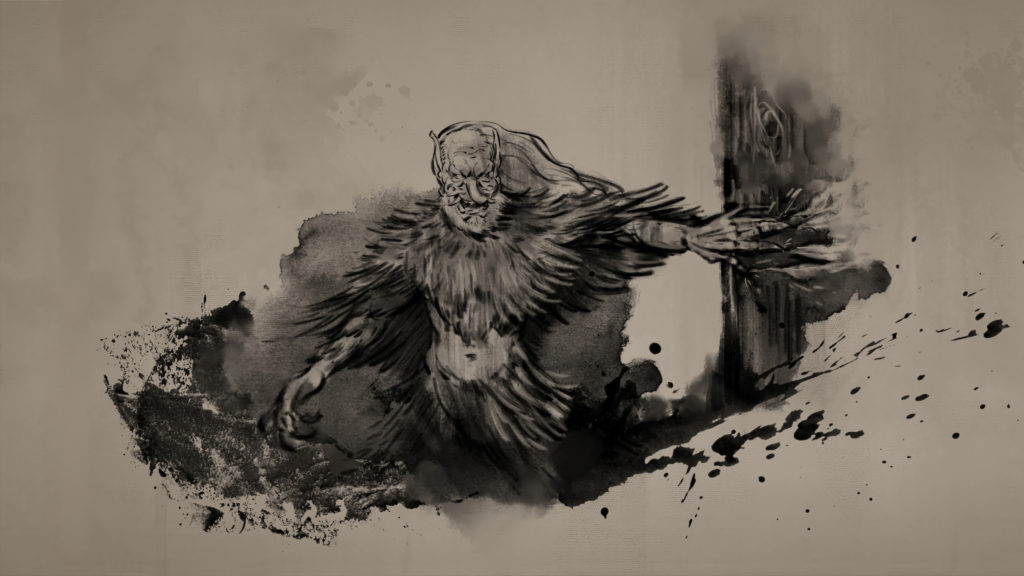 Concept artwork of a Tengu for the Tale of Ronin game. It is a humanoid creature with bird-like features, and a long nose.