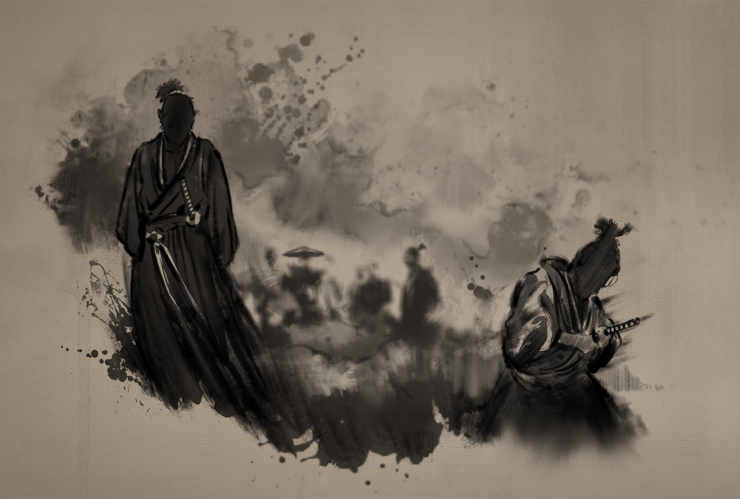 Concept artwork of two samurai in an black ink blot style. One samurai stands to the left without a face, watching as the other samurai on the right commits seppuku while kneeling.