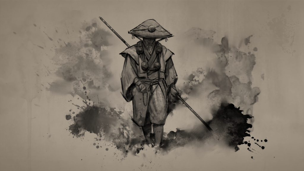 A stylized, ink painting like, piece of concept artwork. It depicts a man dressed in Japanese edo-period style clothing, with a long stick, standing with the sky behind him.