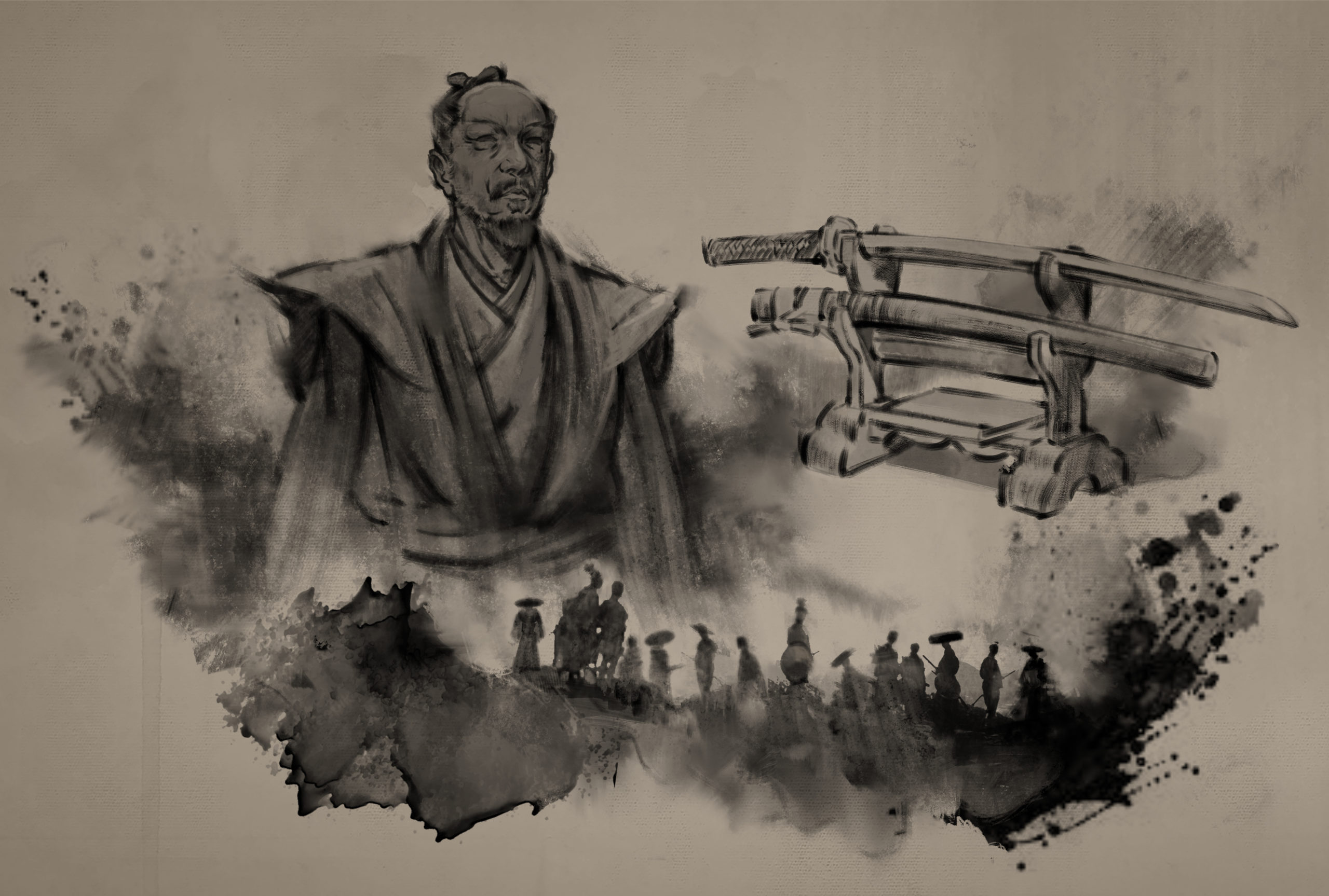 An ink style artwork showing a classic samurai standing next to a rack with two katana.