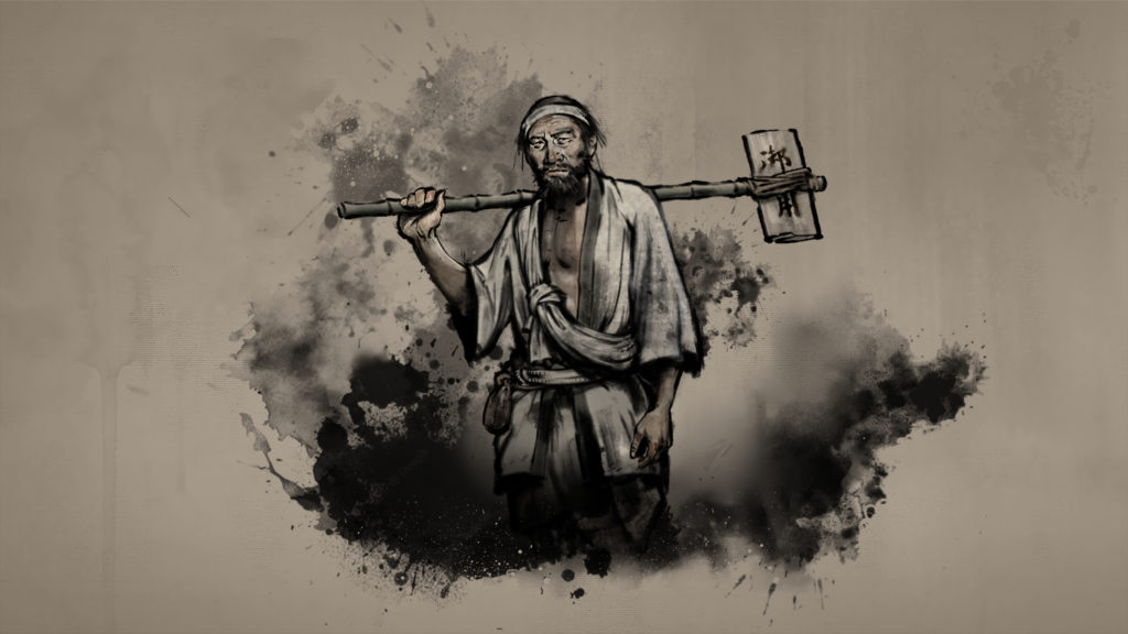 This image displays a blank ink splotch background, with a man standing in robes from Edo Period Japan. This man is a Hikyaku courier, and holds a post with a letter at the end of it slung over his shoulder.