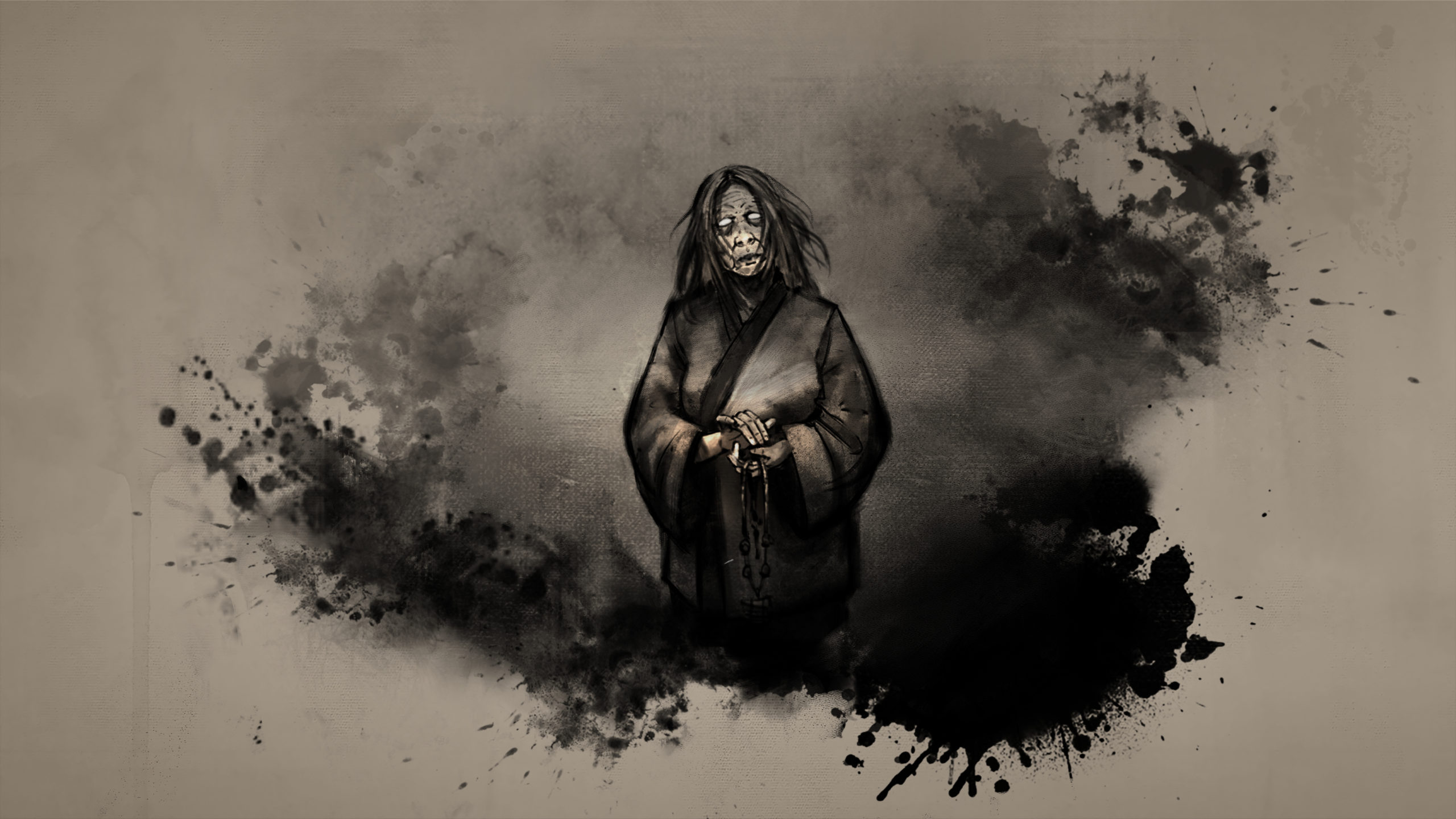 A stylized, ink painting like, piece of concept artwork. It depicts an older woman with white eyes, standing while holding a set of beads in her hands.