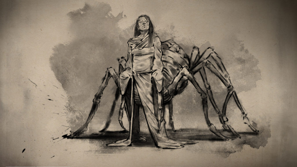 A black, ink style, drawing of a giant spider with a woman's body erecting from the front. This artwork depicts a Jorogumo, a yokai creature of Japanese lore.
