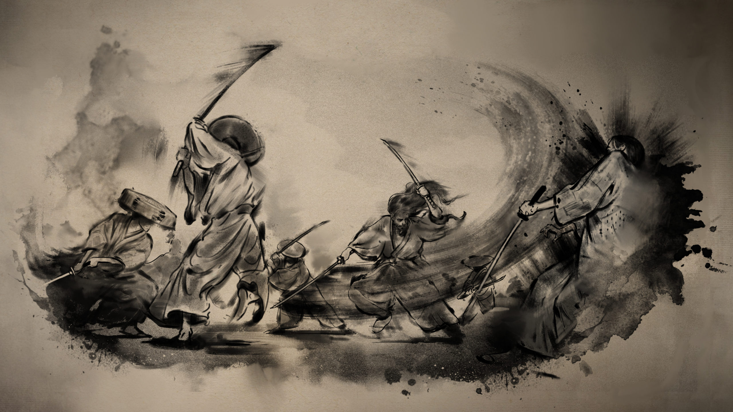 An ink style artwork of several robed samurai in the middle of a fight. One with long hair stands out in the middle, holding his katana above his head.
