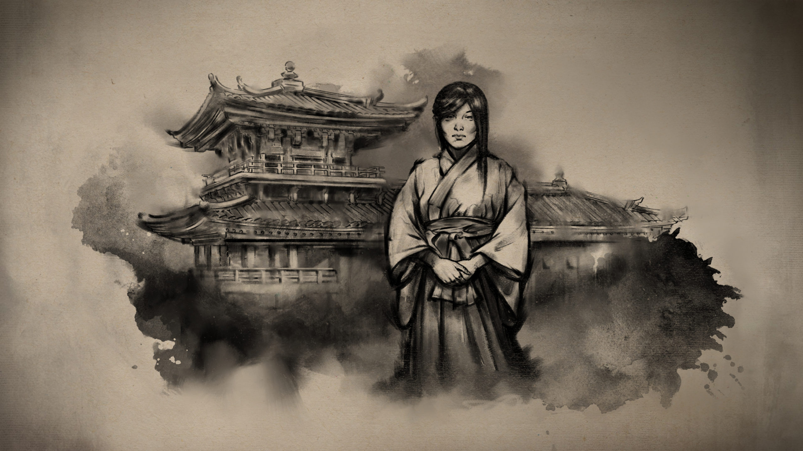 An ink style digital artwork of a woman in robes standing in front of a Japanese style temple or building.