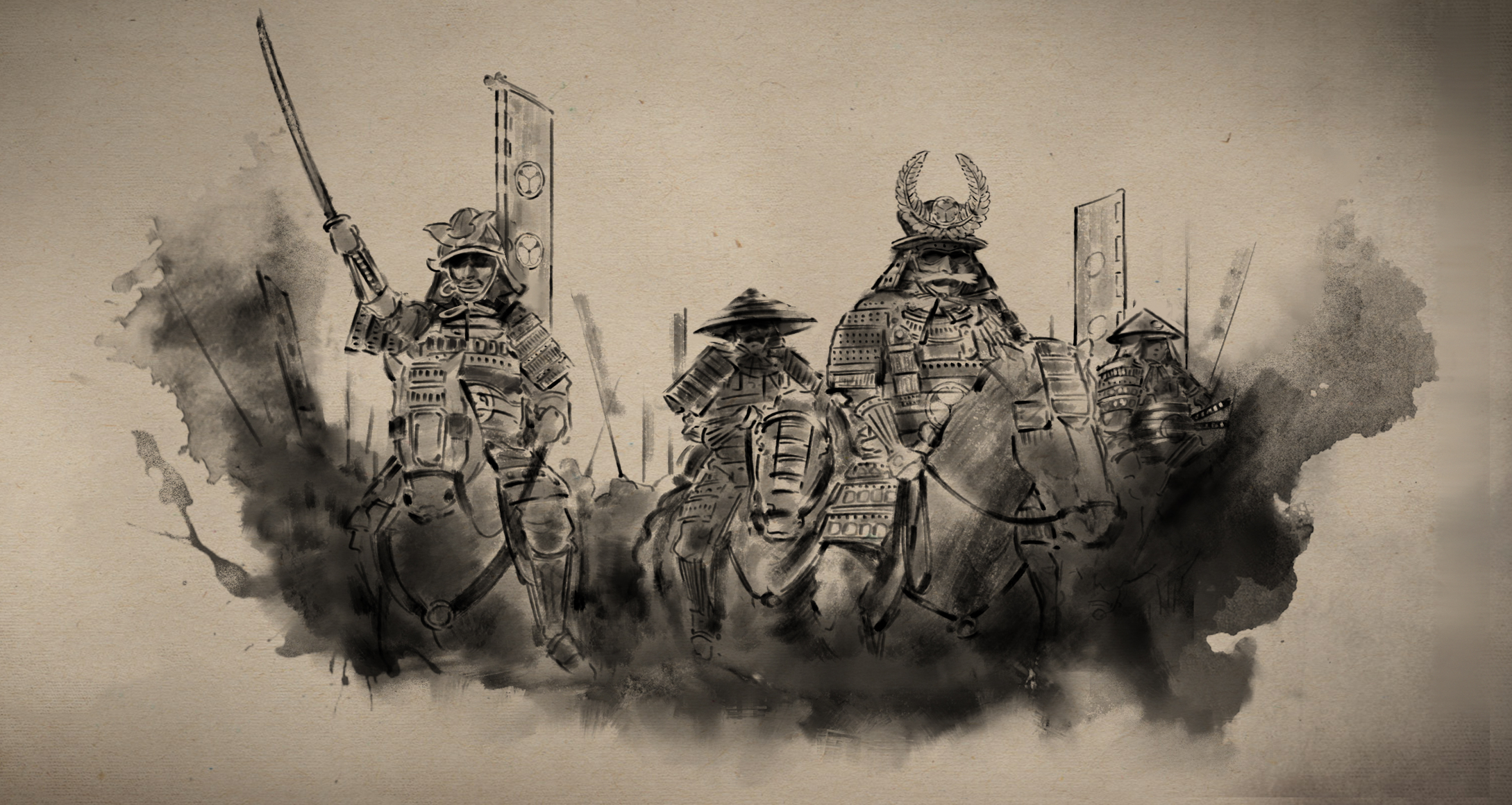 An ink style digital artwork of multiple Japanese military men riding horses and holding their katana's above their heads. One notable man has a unique helmet that represents his role as the Shogun.