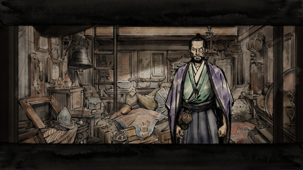 A detailed piece of artwork showing a smugglers shop with the shopkeep standing in front. The room is cluttered with different Edo-period artifacts, relics, and armor. The shopkeep, or smuggler, has a monocle and wears a purple robe with multiple coin purses on his belt.