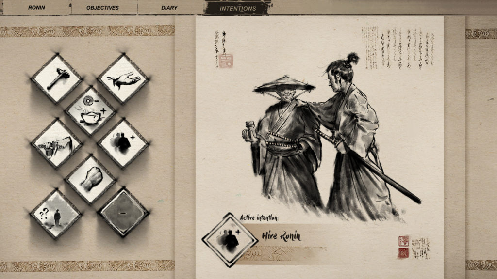 An image showing a menu in the game Tale of Ronin. It displays several diamond shapes to the left showing symbols of different intentions. To the right is a stylized image of a ronin standing in a friendly way next to another ronin who has a coin pouch in his hands. Underneath there is text that says Active Intention, Hire Ronin.