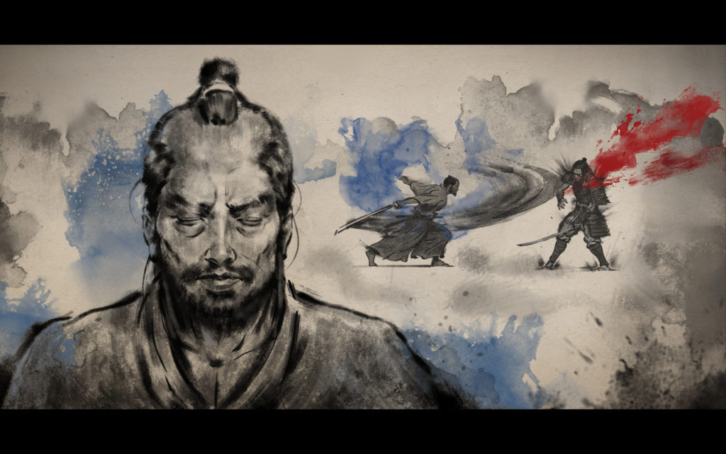 An inkstyle digital artwork of a samurai mediating with a peaceful face on the left. On the upper right screen it shows two samurai fighting, with one swinging their sword in a successful hit with red ink symbolizing a splash of blood.