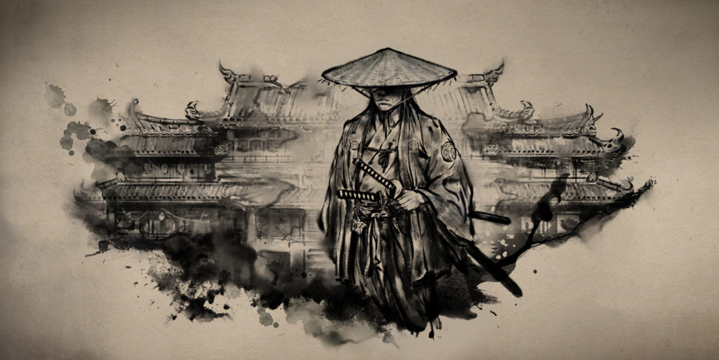 This image depics a piece of artwork resembling an ink style. It shows a samurai (Yagyu Jubei) standing holding onto the hilt of his katana while wearing traditional robes and headwear. Behind him the image of a Japanese style building can be seen.