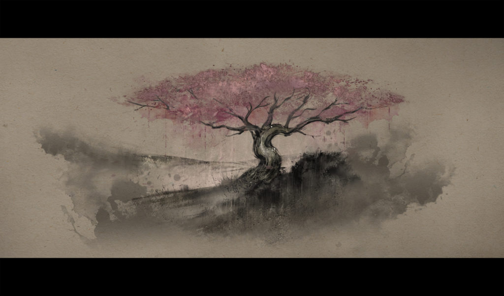 A digital ink-style artwork of a cherry blossom tree, with a thick trunk and branches leading to bright pink sakura flowers.