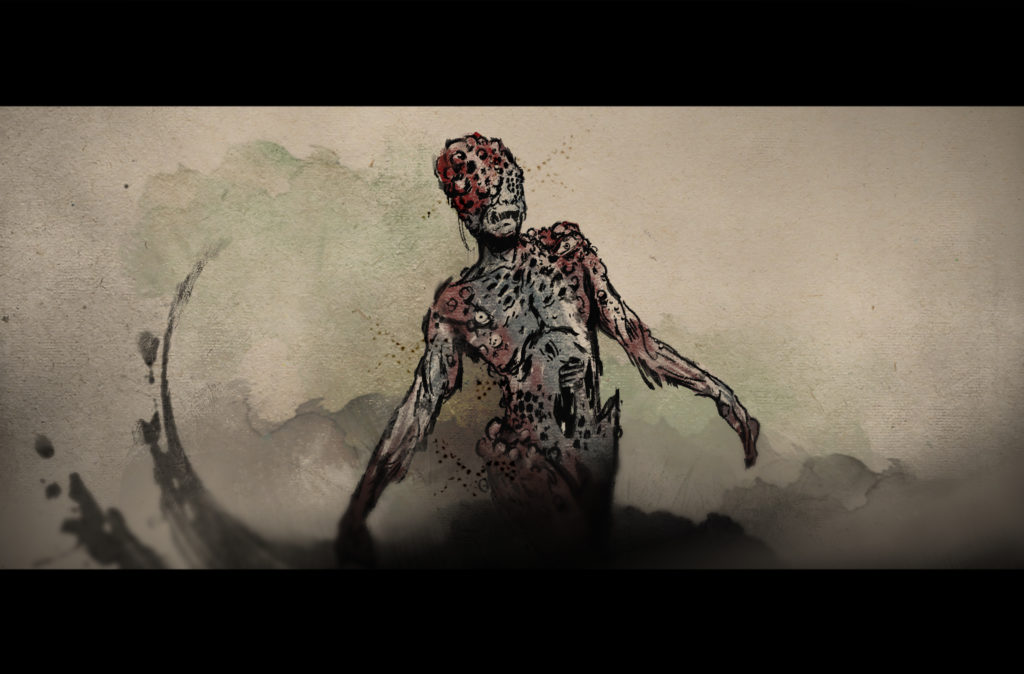 Artwork depicting a humanoid, but decaying and undead figure standing in an unnatural stance.