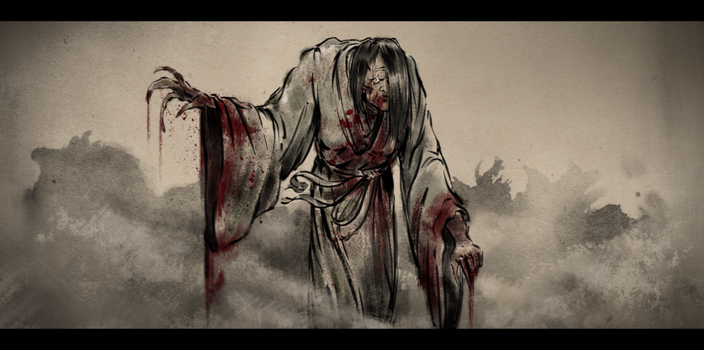 An ink style digital artwork of an Onryo standing with claw like hands, a tall unnatural body draped in robes, and scraggly hair.